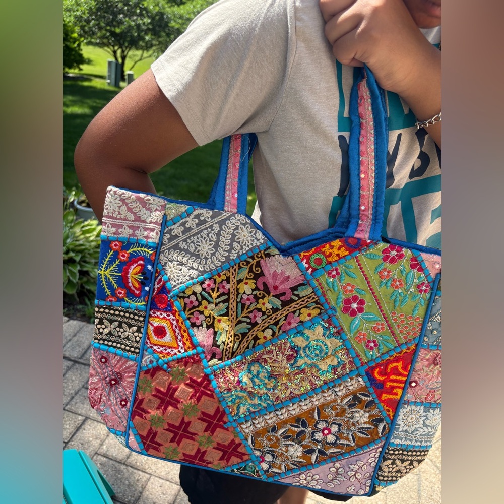 Handmade cotton Patchwork mirror zip tote bag